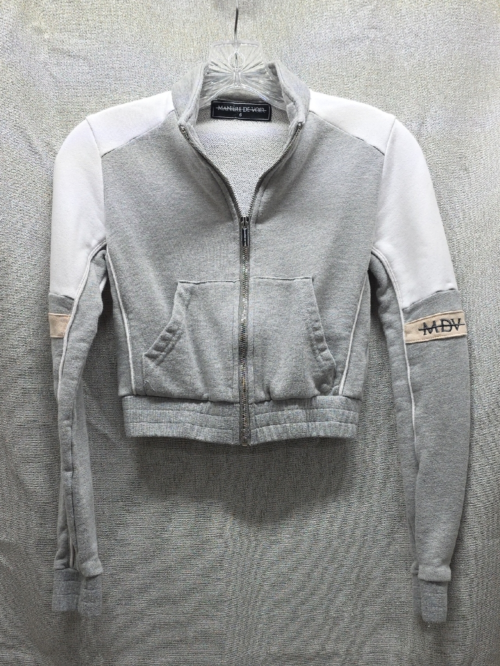 Maniere De Voir, Gray/White Cropped, Zip, Bomber Jacket, Collar, Pockets, Sz 6